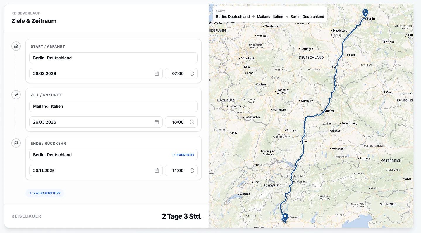 Preview of a travel itinerary with a map in Summeo
